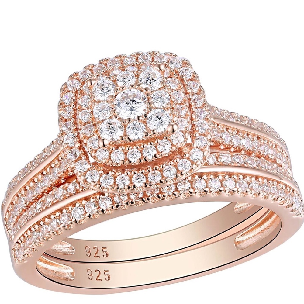 Elegant Rose Gold Plated CZ Wedding Ring Set